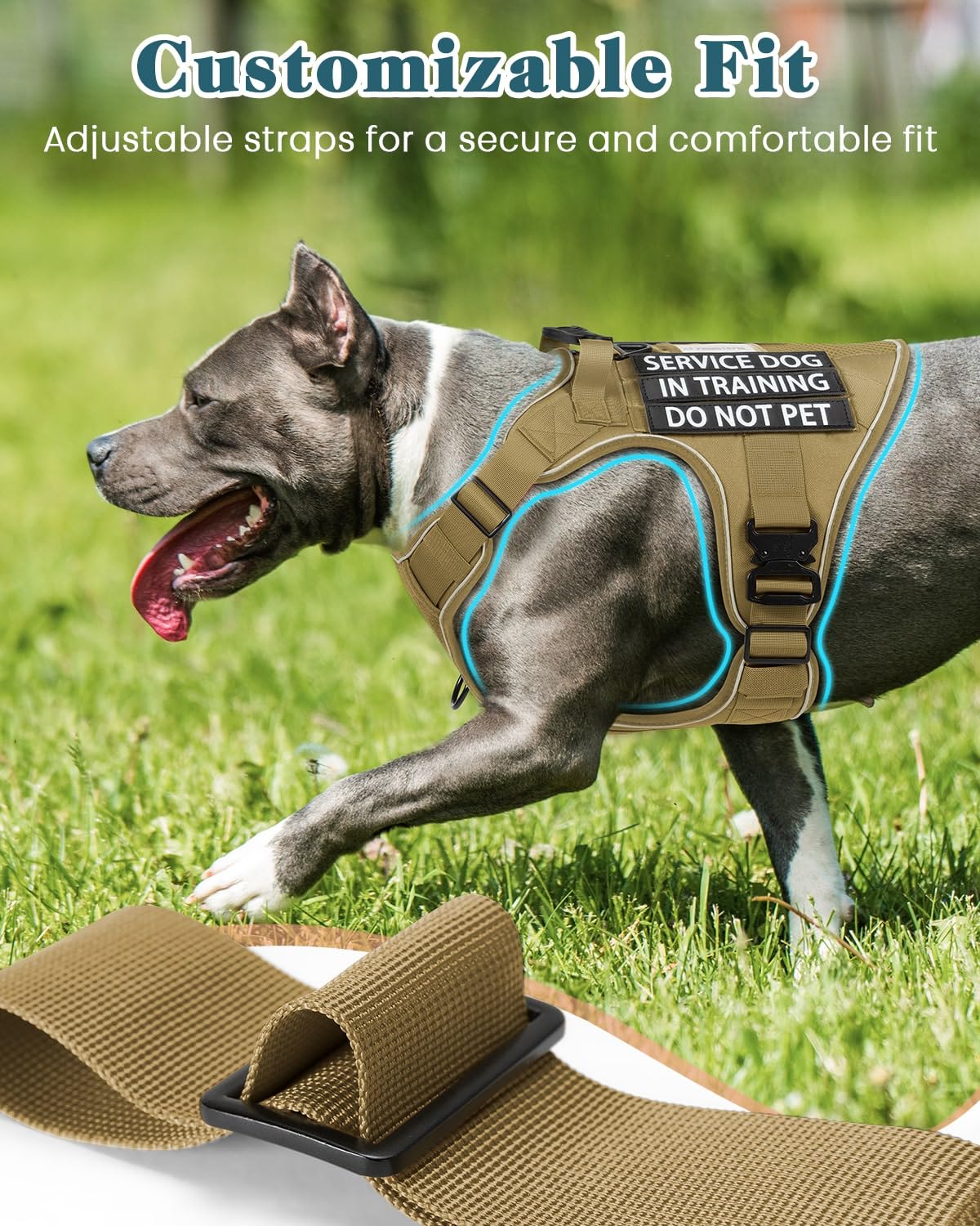 Reflective Service Dog In Training Vest Harness For Extra Large Dogs, Adjustable Heavy Duty Padded Brown Dog Harness, With Front